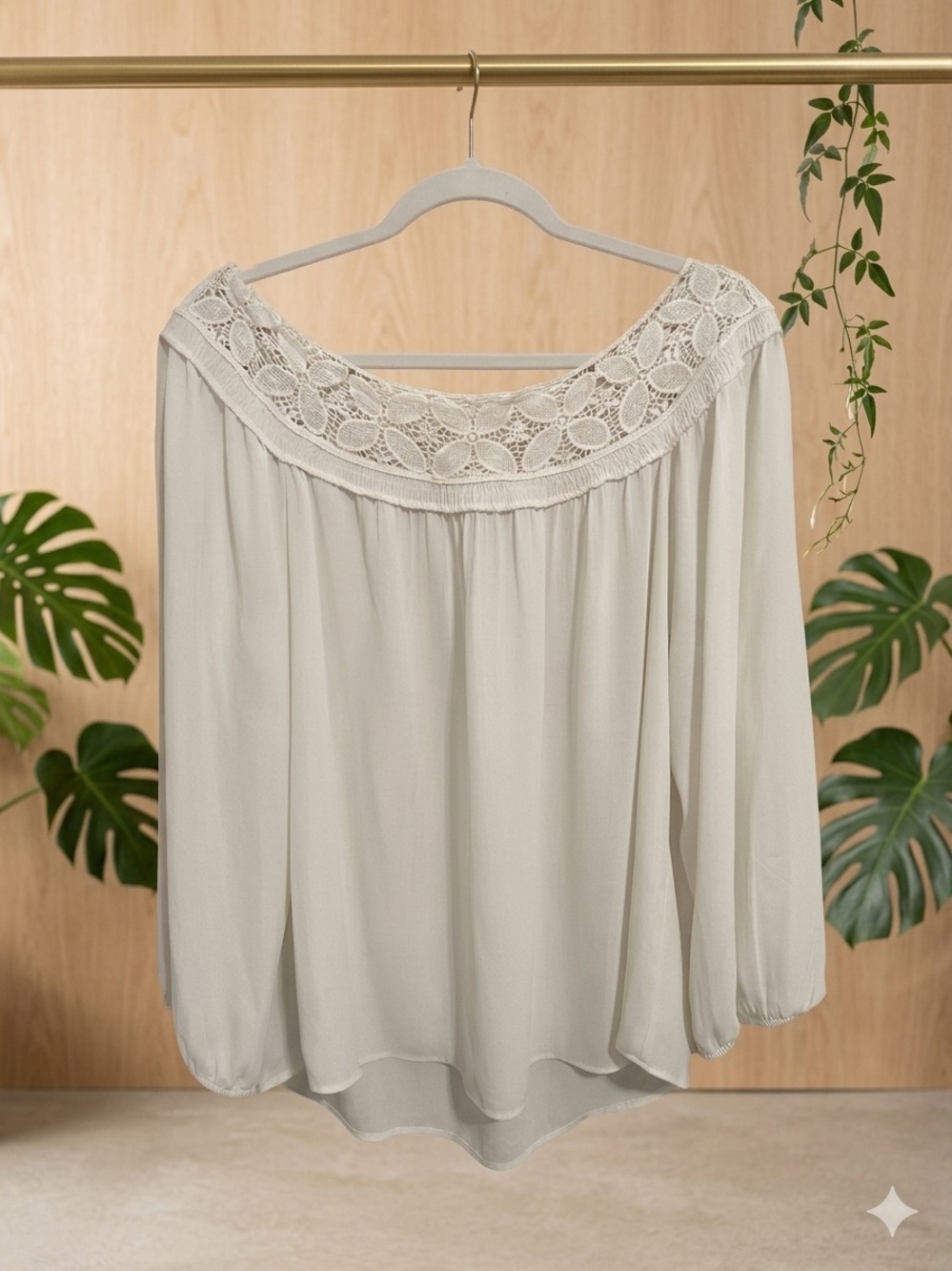 Daniel Rainn Cream Blouse with Crochet Floral Neckline L 🌼